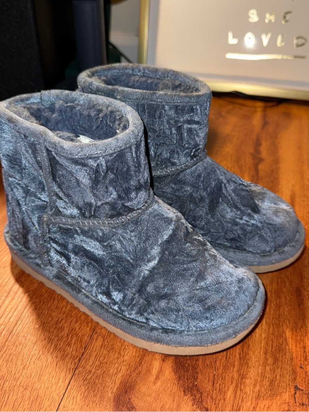 UGG Classic Mini II Blue Crushed Velvet Slip On UGG Boots SIZE 1